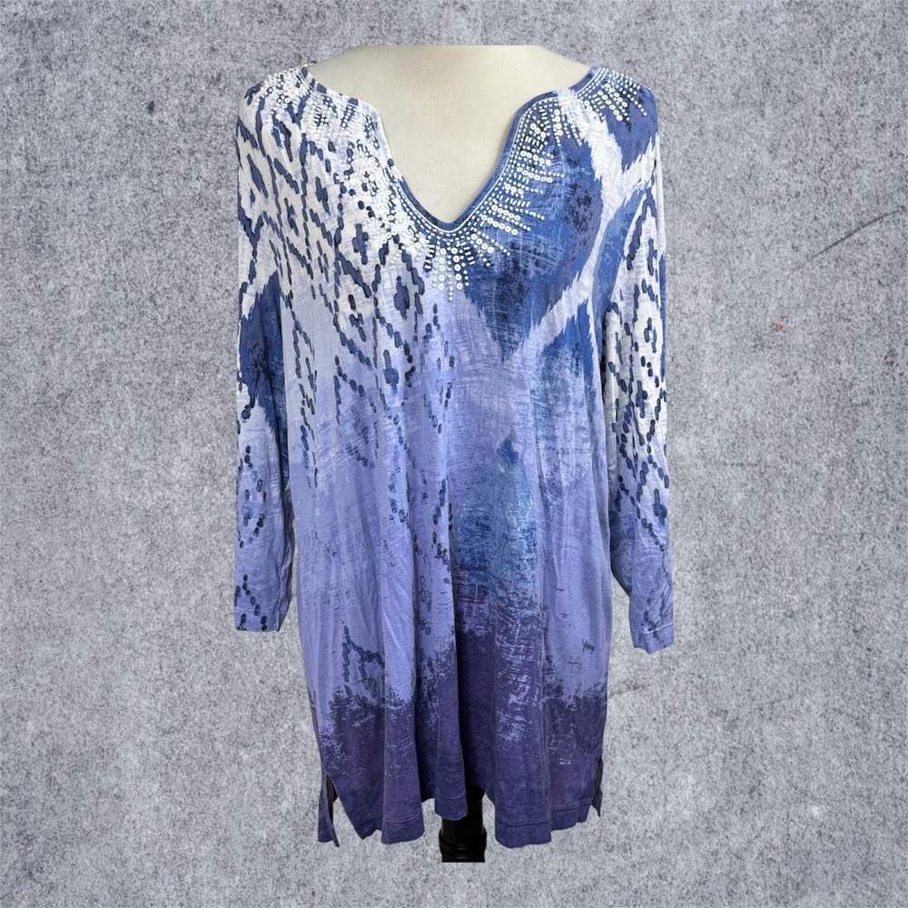 Chico's‎ Women XL Blue Ikat Abstract V-Neck 3/4 Sleeve Tunic Coastal Boho Chic